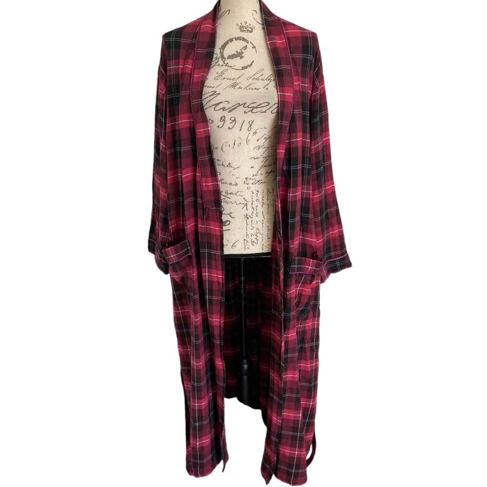 SOLD Eileen West plaid tartan black Pink Christmas long Robe cotton Classic L - Picture 14 of 17